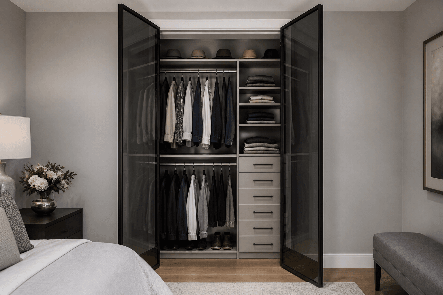Smoked-door wardrobe wall — Built-In Closet