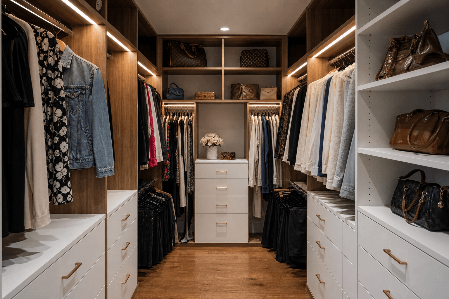 Walnut & white dual-tone walk-in — Dual-Tone Closet