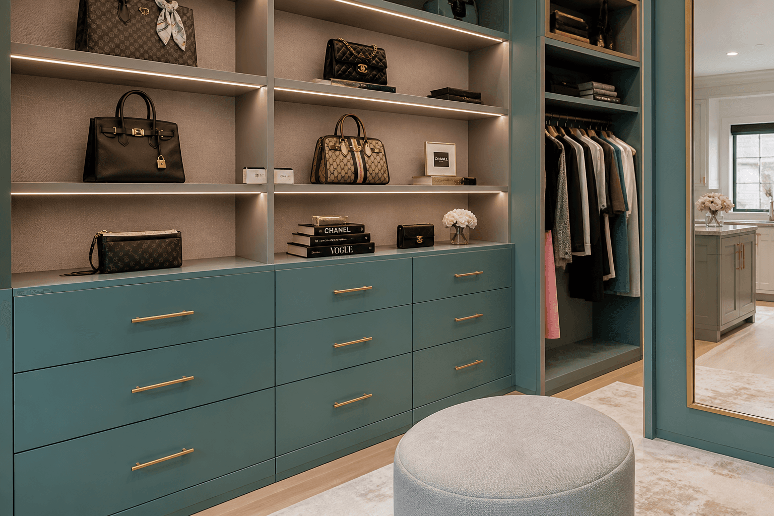 Soft teal luxe walk-in — Walk-In Closet