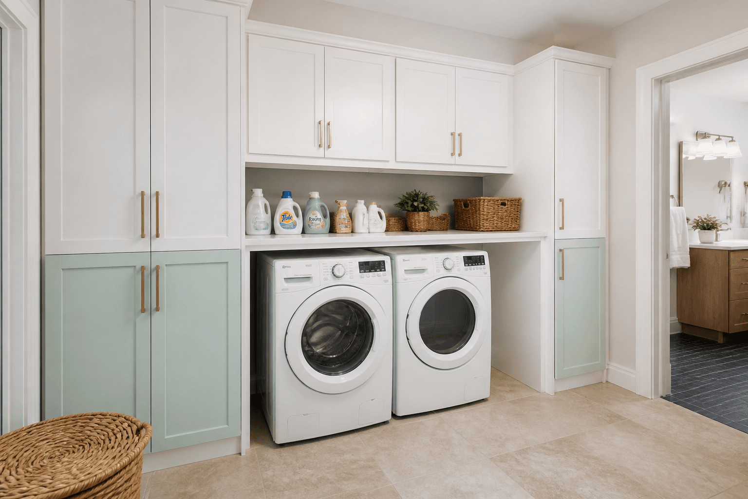 Seafoam laundry cabinets — Laundry Storage