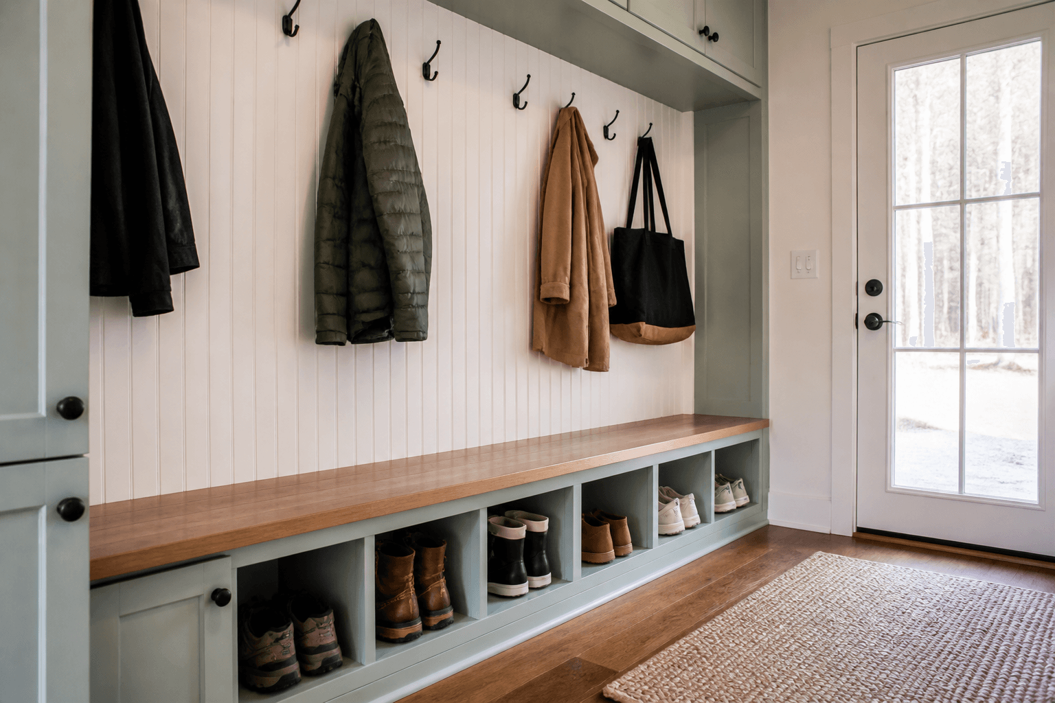 Seafoam mudroom bench — Mudroom