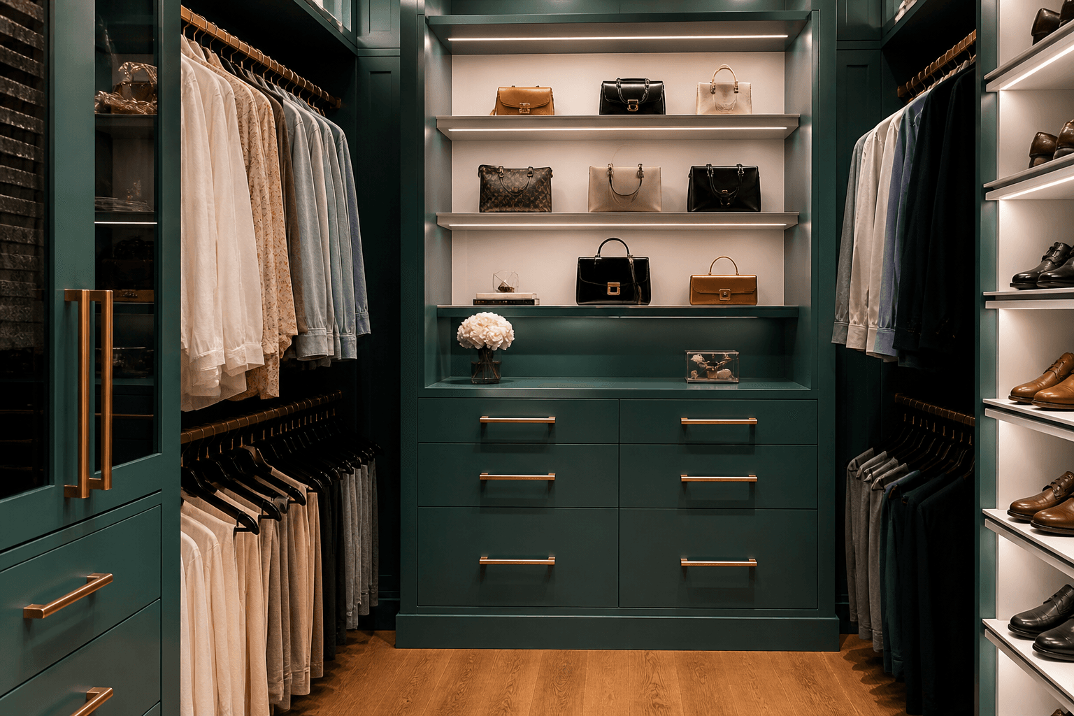Deep teal luxe walk-in — Walk-In Closet